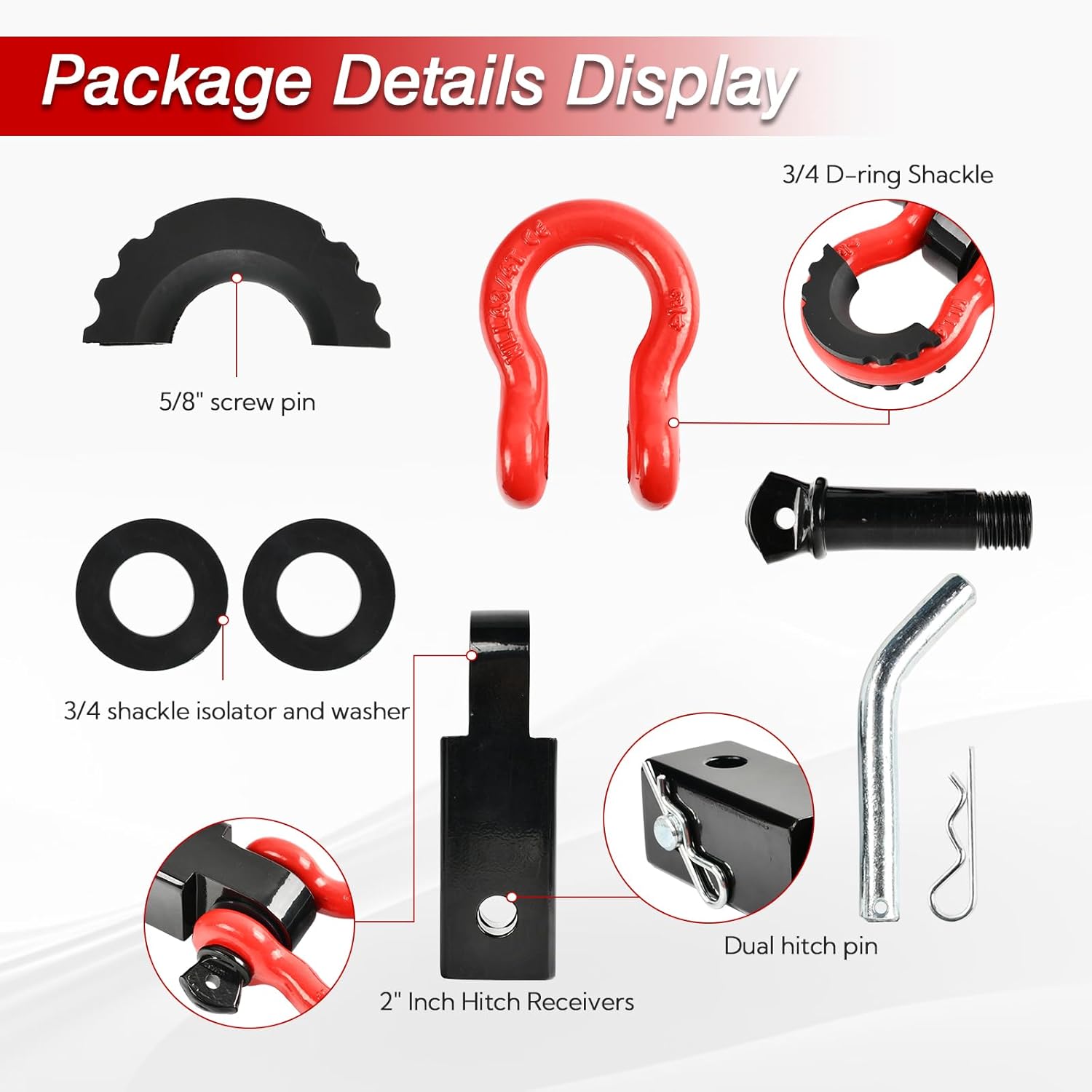 2 Inch Shackle Hitch Receiver 45000Lbs Breaking Strength 3/4" D Ring Shackle Tow Hitch Receiver for Vehicle Trailer Trucks Jeeps Recovery Off-Road - Red - Image 5