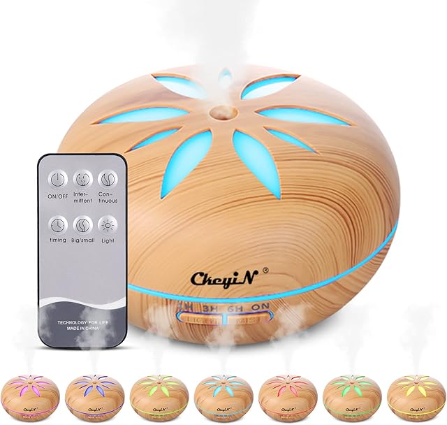 CkeyiN 550ml Essential Oil Diffusers Aromatherapy Ultrasonic Humidifiers Waterless Auto-Off with Remote Control and 7 Color LED Lights for Baby Room Home Spa Yoga Bedroom Office