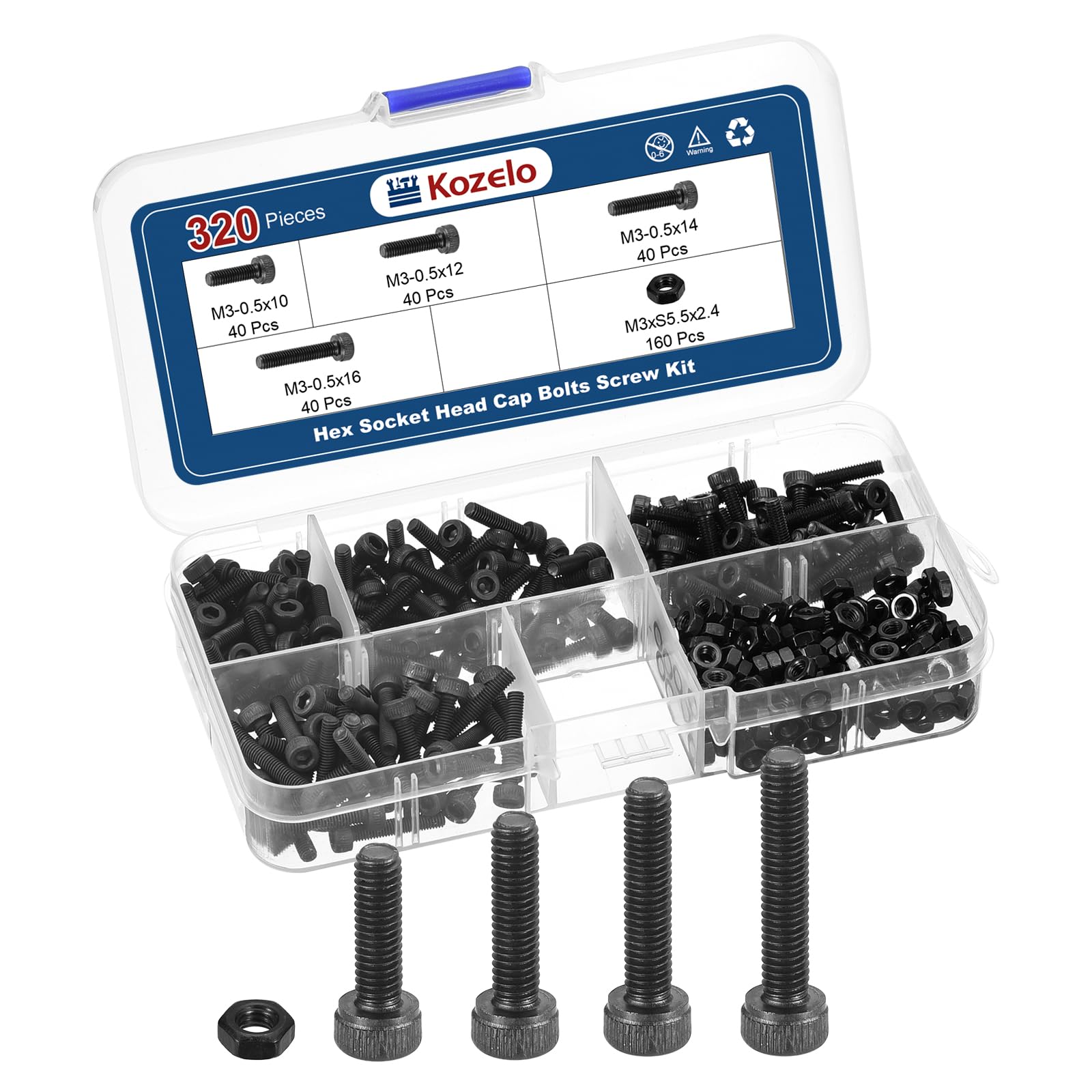 Kozelo 320pcs M3 Socket Head Cap Screws Bolts Nuts Assortment Kit - [M3x10/12/14/16mm] Alloy Steel Fully Threaded Black Oxide 12.9 Internal Hex Screw for 3D Printer Use — image 1