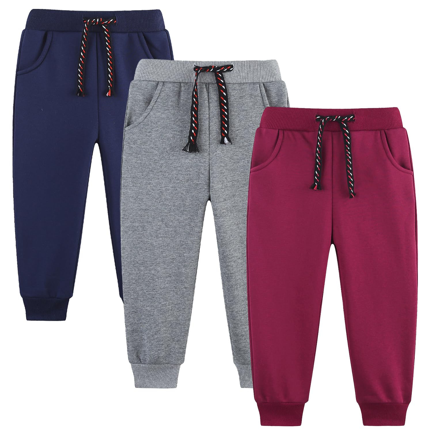 Funnymore Paquete de 3 pantalones deportivos de forro polar para niños y niñas con bolsillos y cordón de ajuste, 2 a 13 años