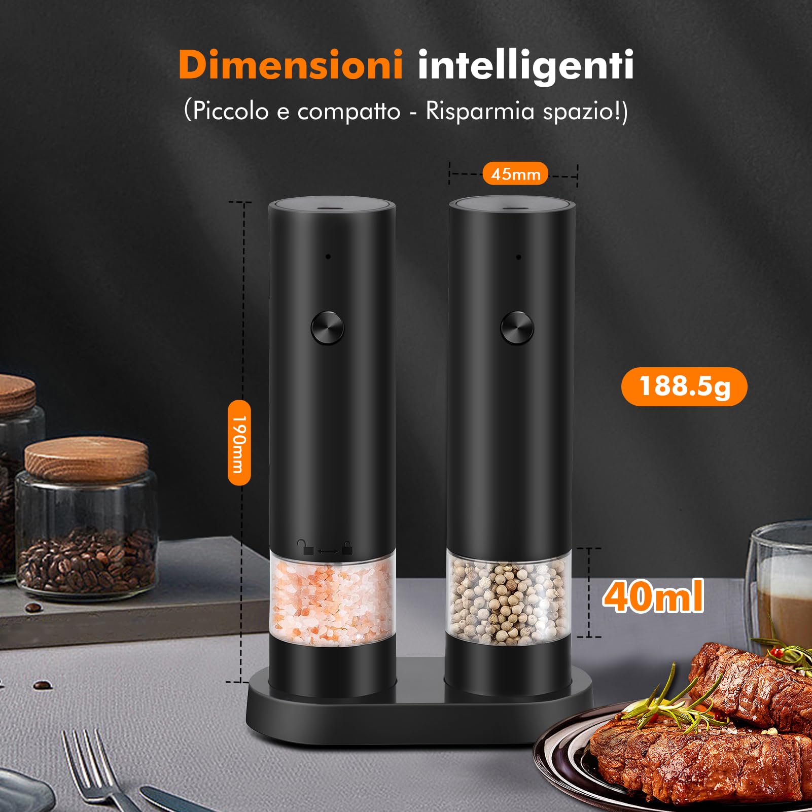 Macina Sale e Pepe Elettrico di 2 Pezzi -Ricaricabile USB Macina Pepe Elettrico con Base-Macinino Spezie a Grana Regolabile, Contenitore Lavabile per Cucina/Picnic/Grigliate