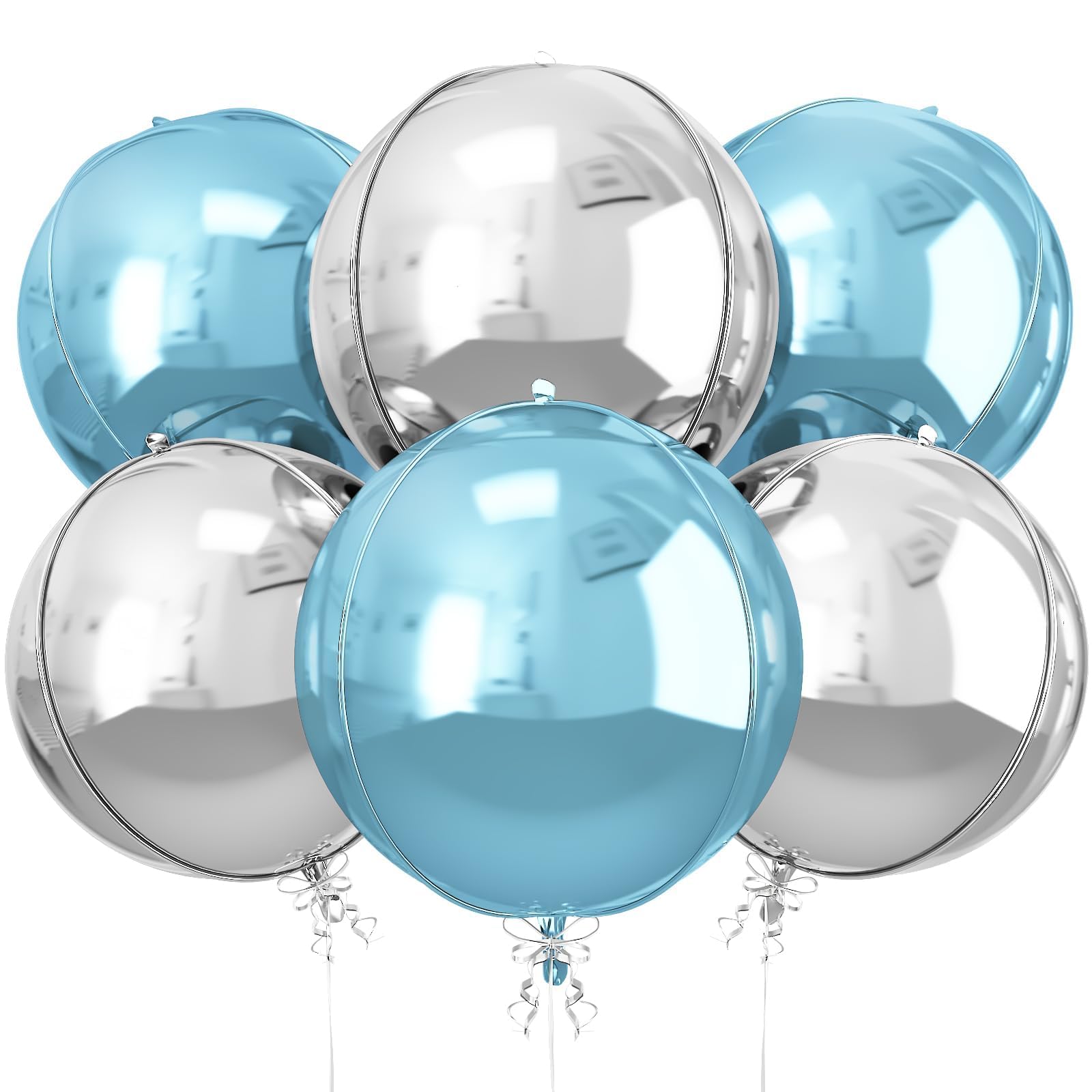6Pcs Blue Silver Round Foil Balloons, 22inch 4D Metallic Silver Blue Balloons, Large Round Foil Ball Balloon for Boys Men Birthday Graduation Wedding