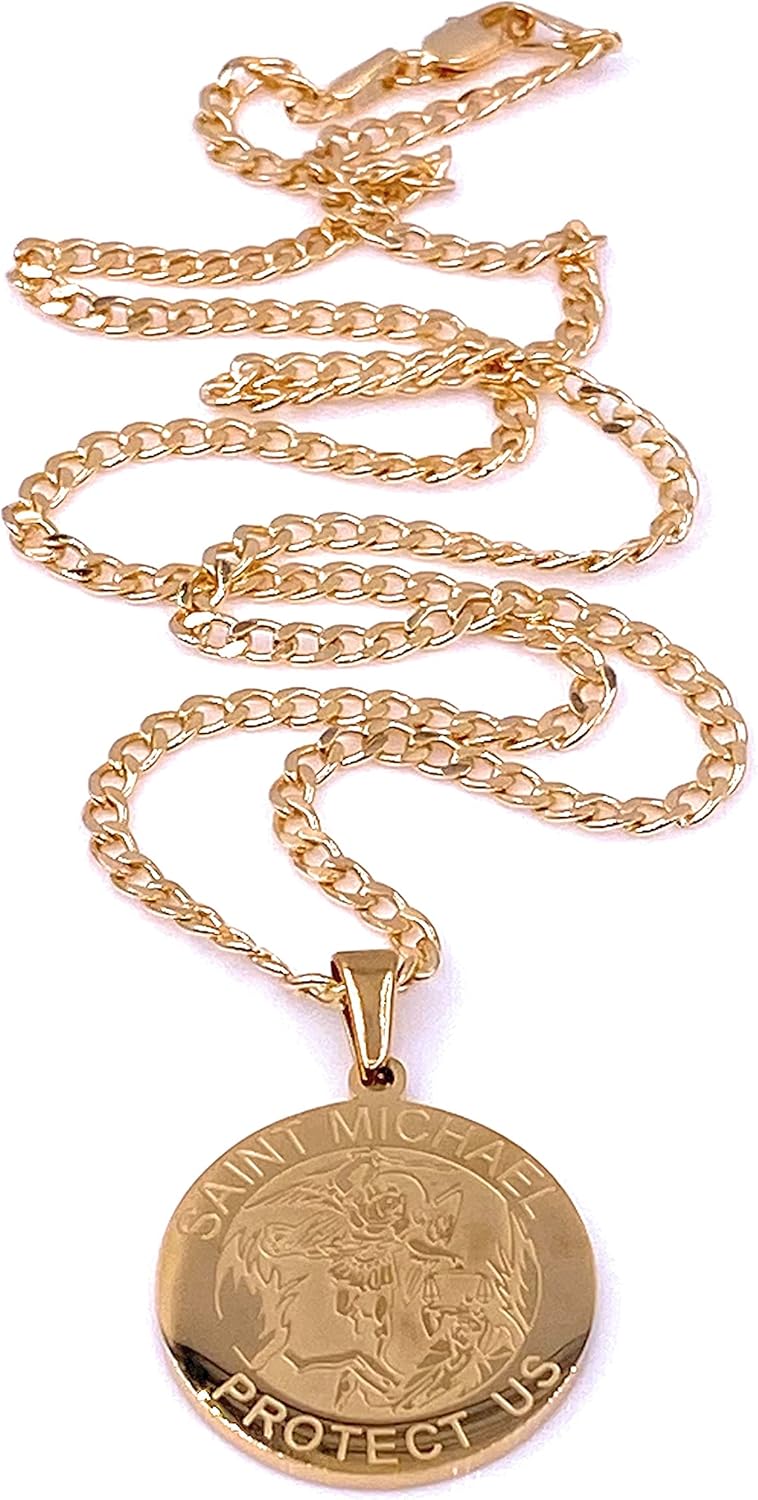 LESLIE BOULES Gold Saint Michael Archangel Stainless Steel Medal Necklace for Men 18K Plated Chain 22 Inches Length - Image 2