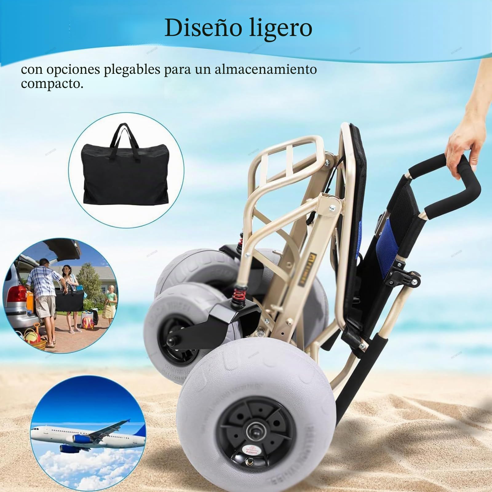 Silla De Ruedas Ligera Para Playa, Ideal Para Personas Mayores Y NiñOs, Todoterreno, Con NeumáTicos De Globo De 12'' Y 9'', DiseñO Plegable, Ruedas De LiberacióN RáPida, Capacidad De Carga De 220 Lb.