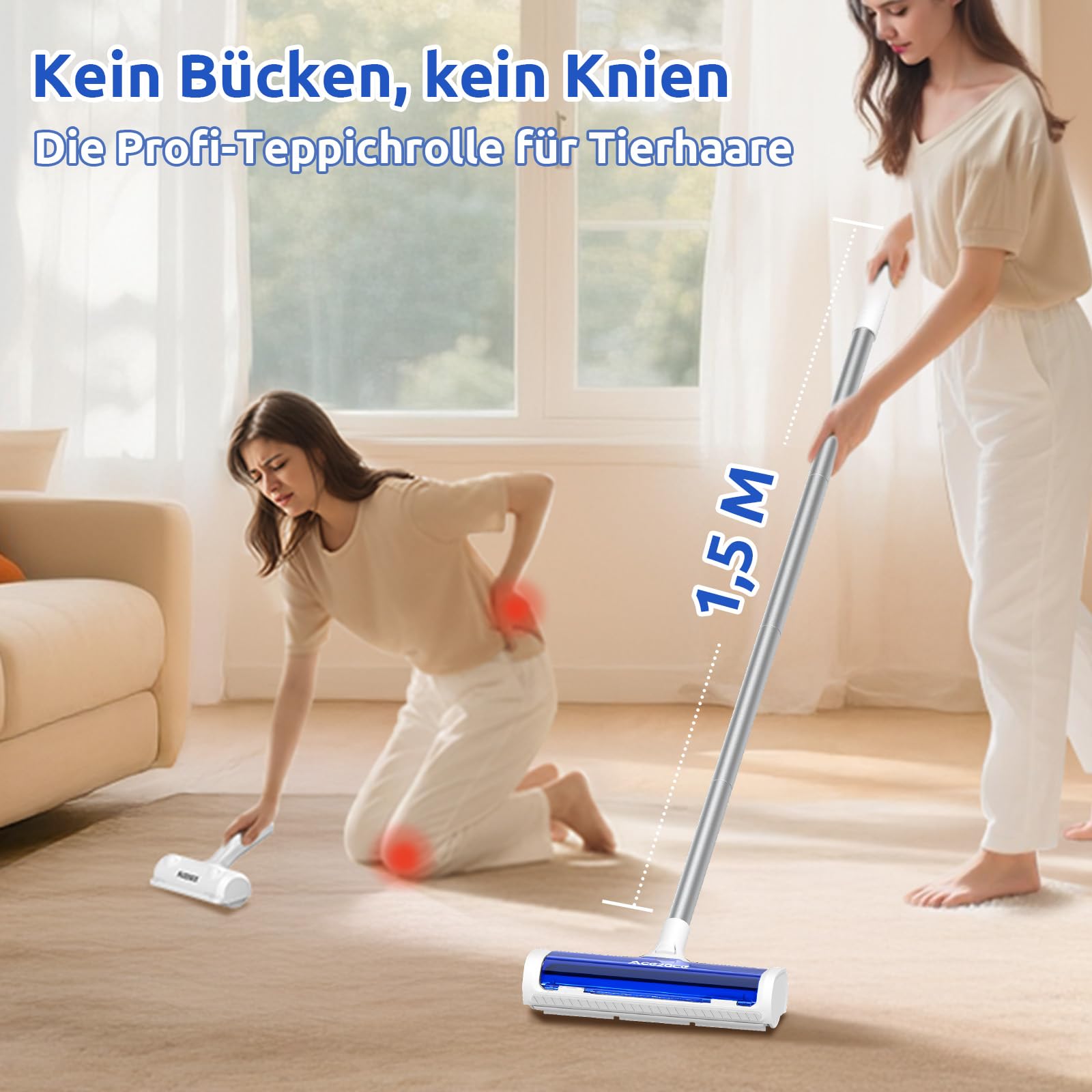 ACE2ACE Teppichrolle für Tierhaare, Teppichbürste Tierhaare, Tierhaarentferner Teppich für Hundehaare and Katzenhaare, kein Bücken, kein Knien, 1,5 m Langer Griff, Blau