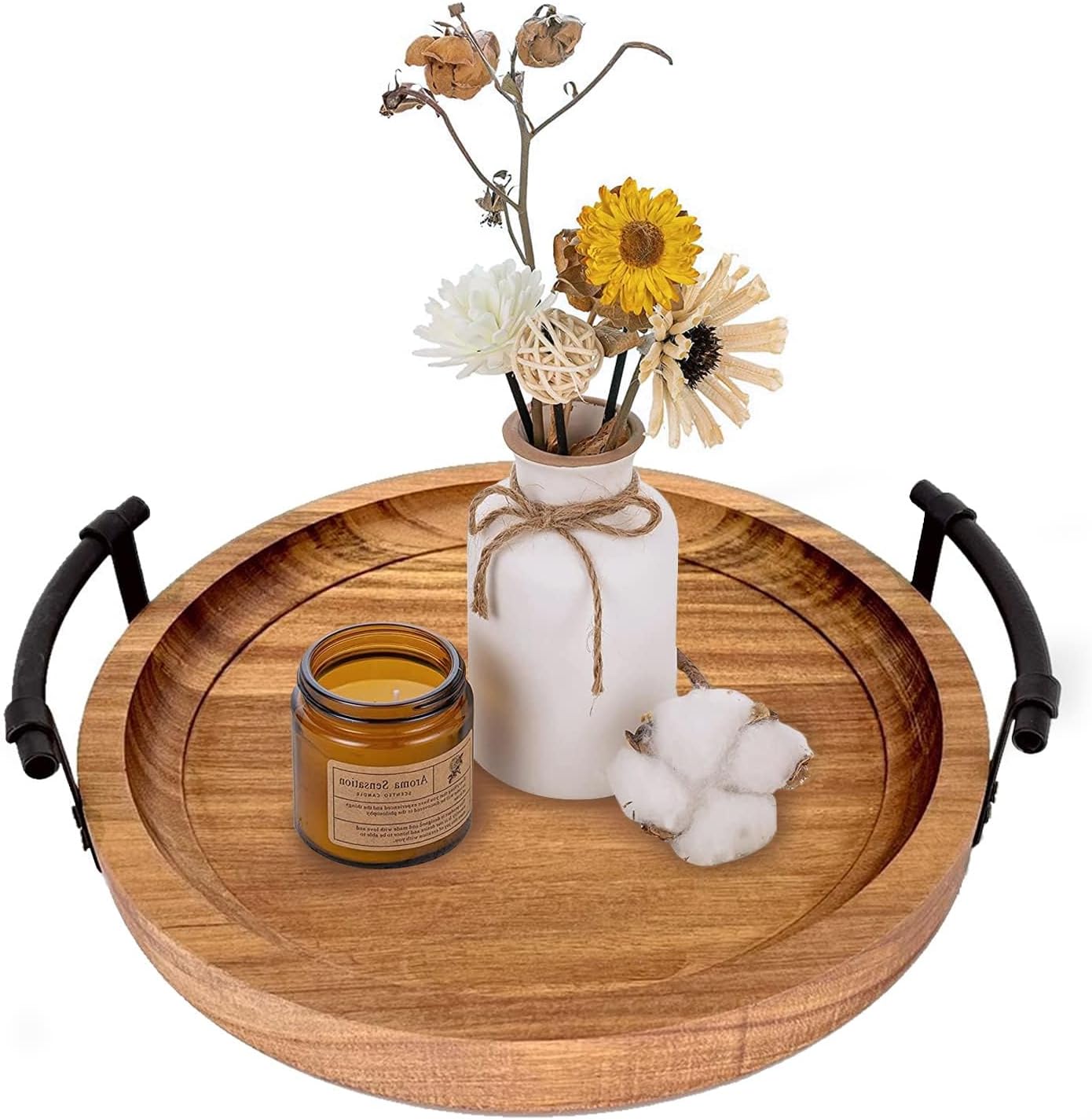 Round Wood Tray/w Wood Bead Garland 13" Decorative Trays