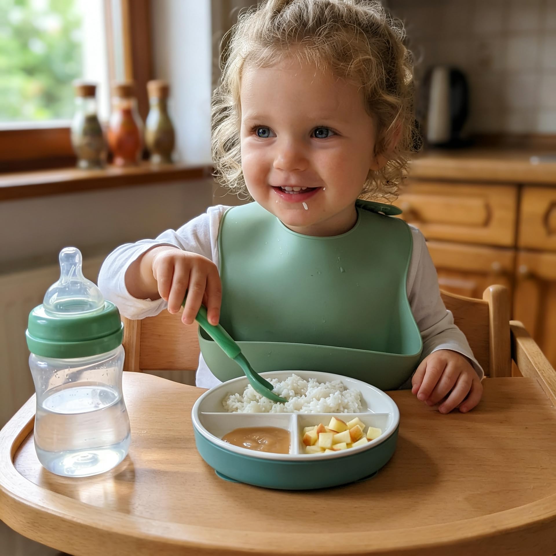 Set aus 1 x Kinderschüssel/Babyschüssel und 1 x segmentiertem Kinderteller (dunkelgrün); Porzellan mit Schutz aus Sillikon und Saugnäpfen; ideal auch für Camping, Wohnmobil und Boot
