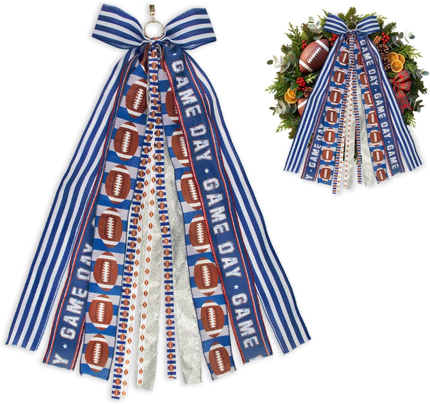 Threetols Large Football Ribbon Bow, Blue White Stripe Sash for Front Door Decoration Clip-On Sport Ball Glitter Game Day Wreaths for Fall Home Indoor Outdoor Ornaments Decor