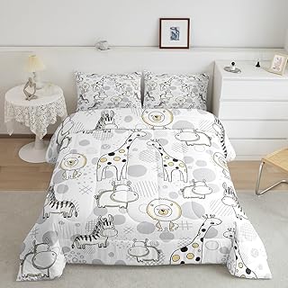 Castle Fairy Lion Hippo Comforter Set,Zebra Giraffe Bedding Set for Kids Girls Women,Adults Wild Animals Comforter,Gray White Quilted Duvet Set Bedroom Collection Twin Size 2Pcs