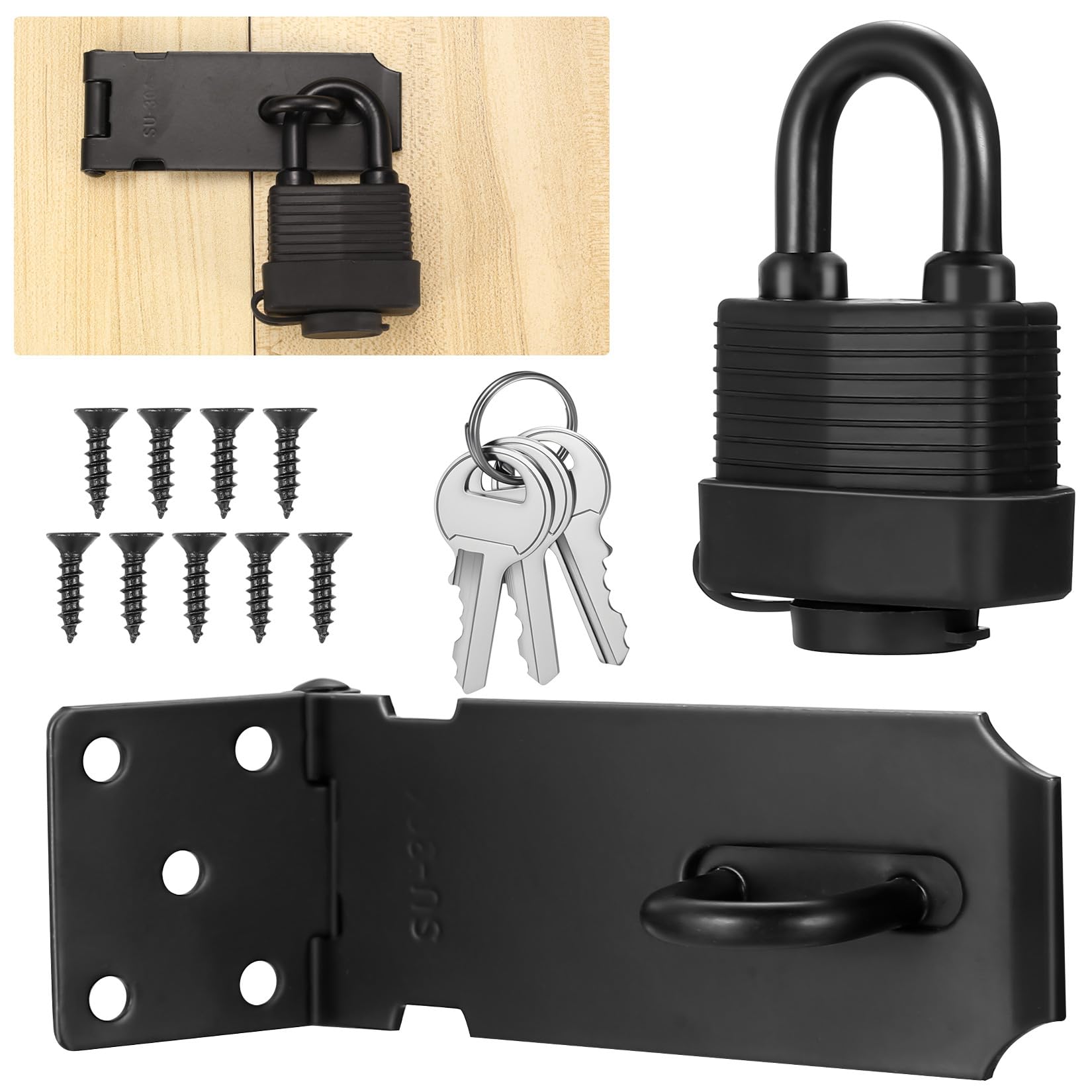 Stainless Steel Padlock Hasp and Staple Heavy Duty, 4 Inch Shed Door Latch Hasp Lock for Shed Locks, Garden Sheds Wooden Gates Bedroom Bathroom Cabinet Lock Latch Staple, with Padlock & Keys