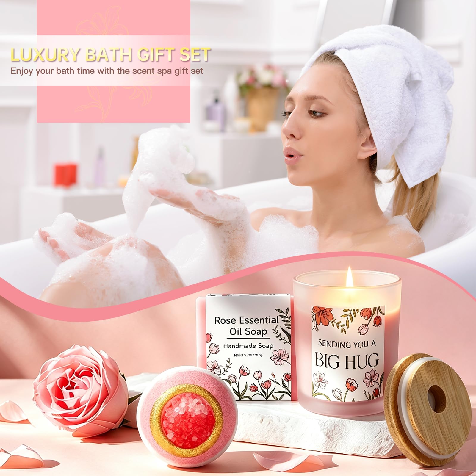 Regalos para mujeres, mamá, su amiga, hermana, esposa, rosa eterna iluminada y vela, cesta de regalo relajante para el cuidado personal, regalo de spa, regalos de cumpleaños y Navidad