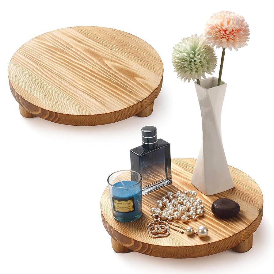 CYS EXCEL 2 Pcs Wooden Plant Stands Modern Raised Display Risers For Indoor Planters Round Natural Wood Slice Pedestals With Short Legs For Tabletop Decor Rustic Boho Home Accent, 11