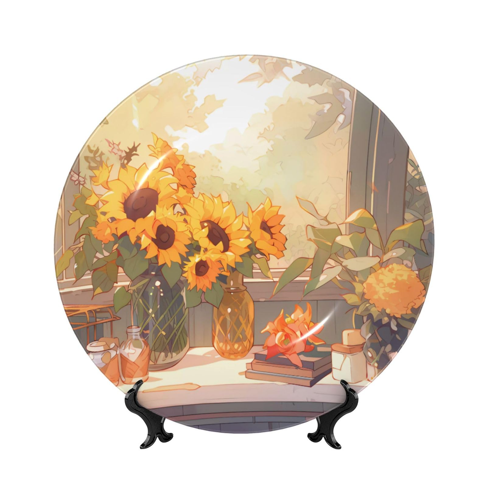 SXZVVBN Sunflowers under the windowsill Bone China Decorative Plate Art with Stand Removable Adhesive Hanging for Home Office 8in（20cm）