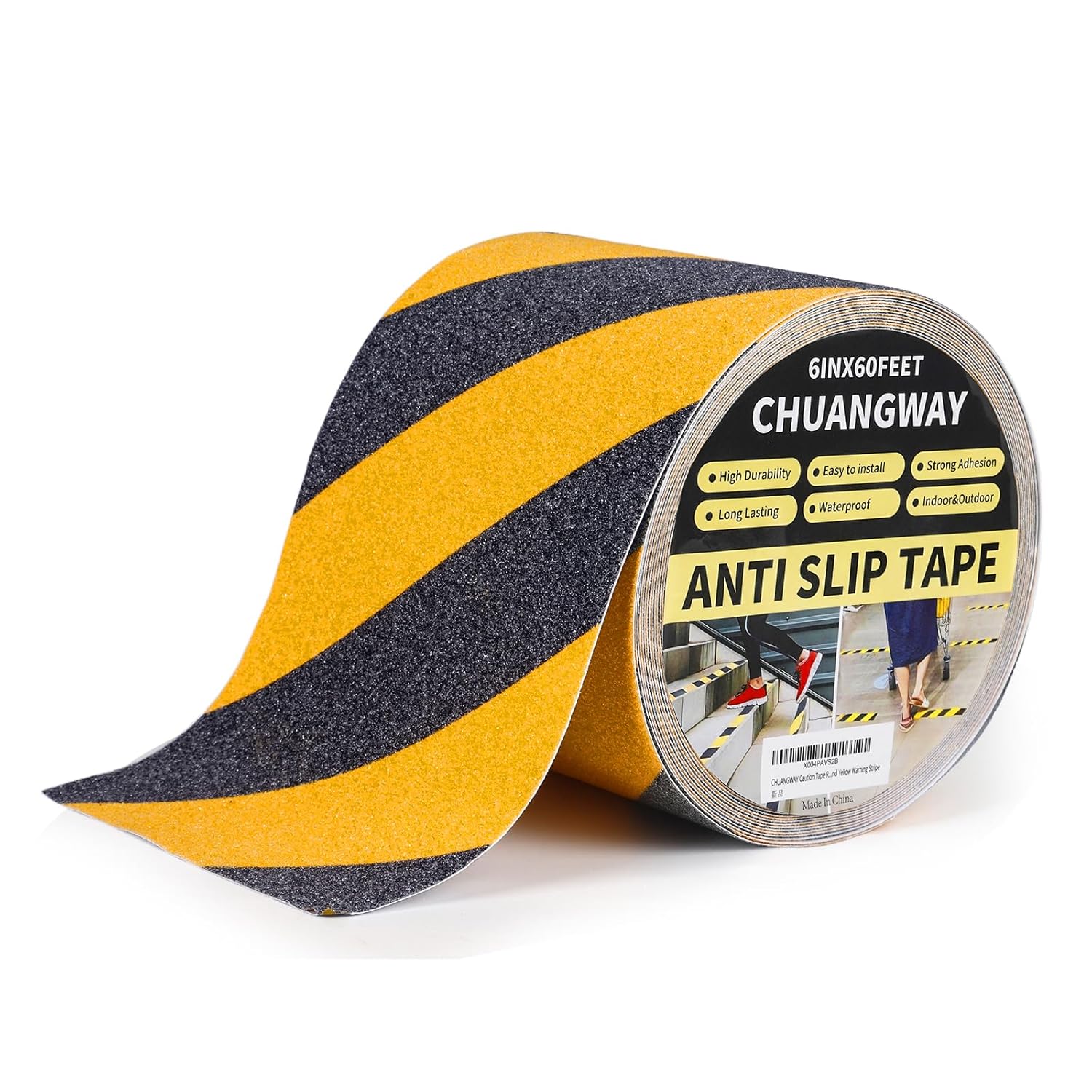 Anti Slip Tape, 6 Inch x 60 Ft, Waterproof High Traction Abrasive Adhesive, for Stairs, Ramps, Outdoor Indoor Use (Black/Yellow)