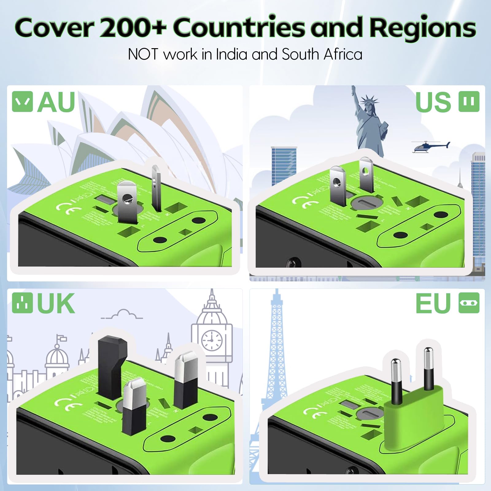 Adaptador de Viaje, JMFONE Adaptador Enchufe Universal con 4 USB y 1 AC Puerto, Adaptadores de Corriente Internacionales para Europeo Americano Español UK Australia Acerca de 200 Países