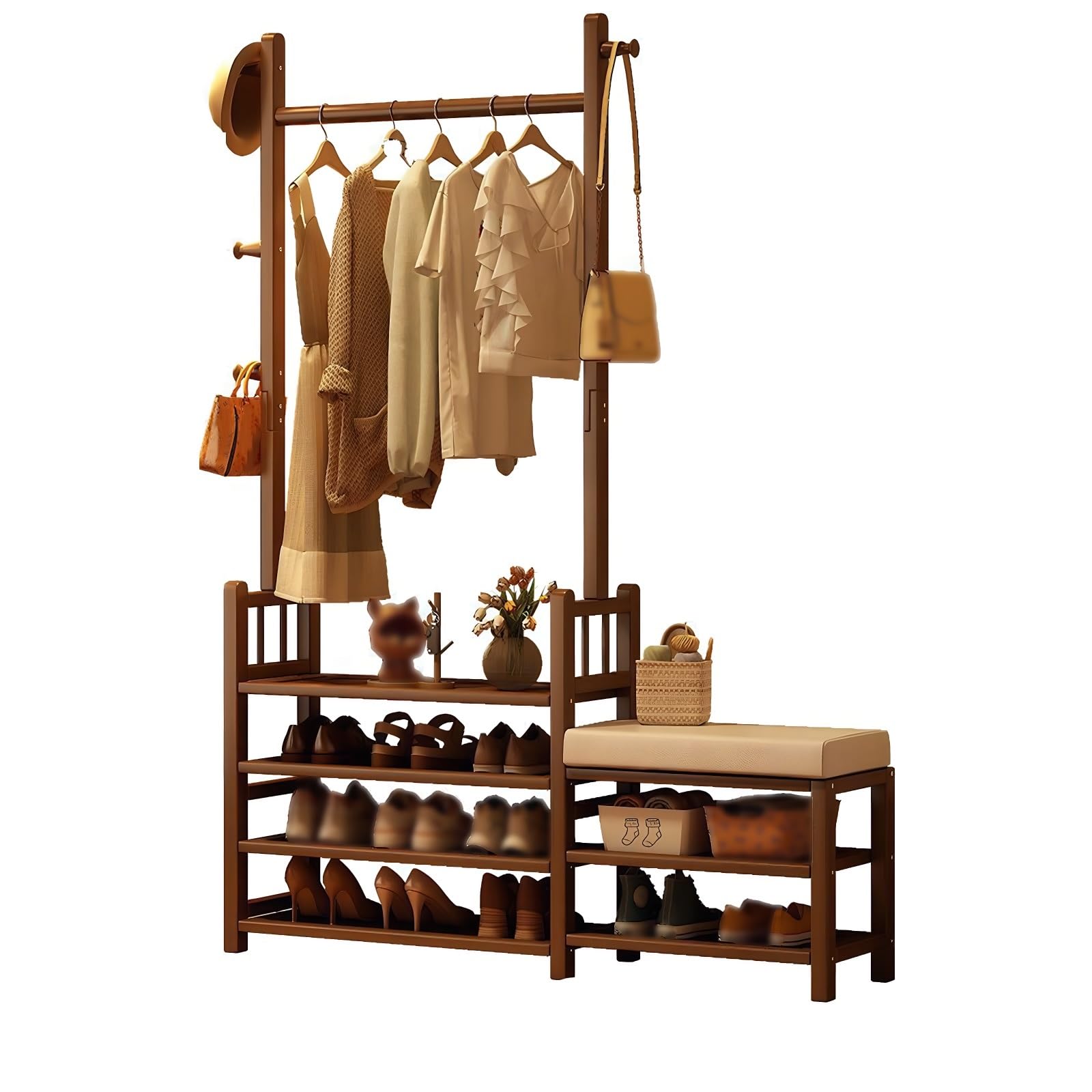 GHFXSCV Freestanding Wooden Hall Tree with Bench & Shoe Sto - Multifunctal Coat Rack for Entryway, Hallway, Bedroom - nizer for Coats, Shoes & Accessories