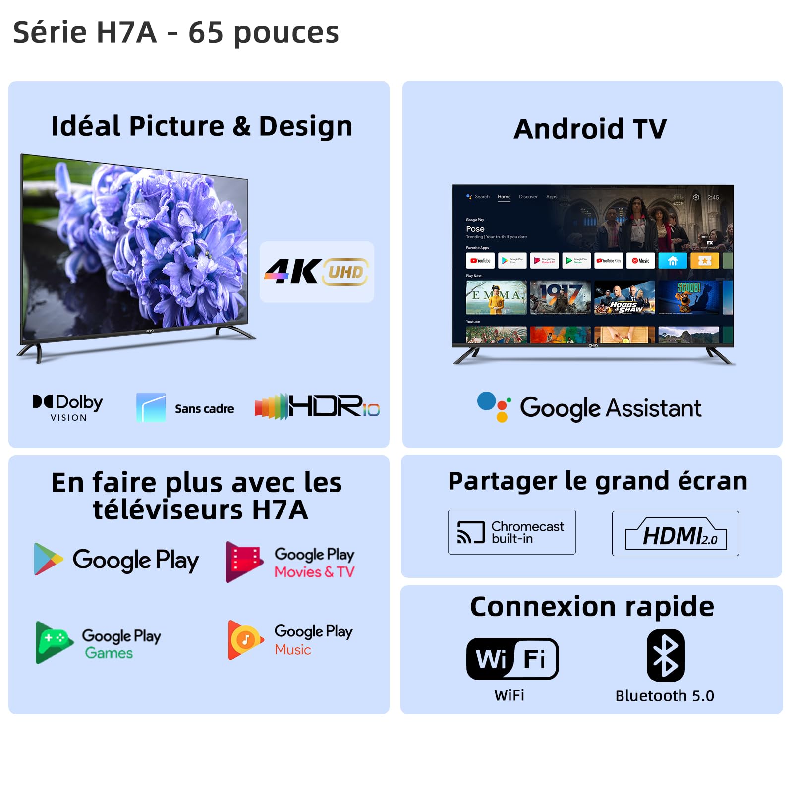 CHIQ U65H7A, 65 inch (165cm), Android TV, Smart TV, UHD, 4K, Google Play, Googly Assistant, Netflix, Prime Video, Youtube, Bluetooth, HDR, Dolby Vision, Borderless Screen, Noir