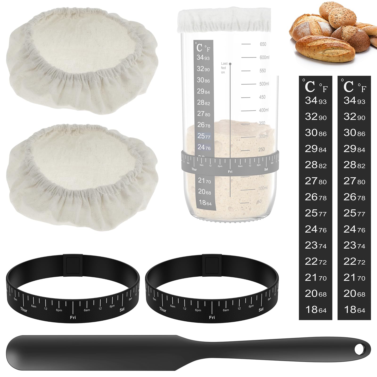 NIHUIFDPY Pro Sourdough Starter Kit with 2 Cloth Covers, 2 Temperature Marked Feeding Bands, 2 Date Marked Feeding Bands and 1 Scraper for Making Delicious Breads (No Sourdough Starter Jar)