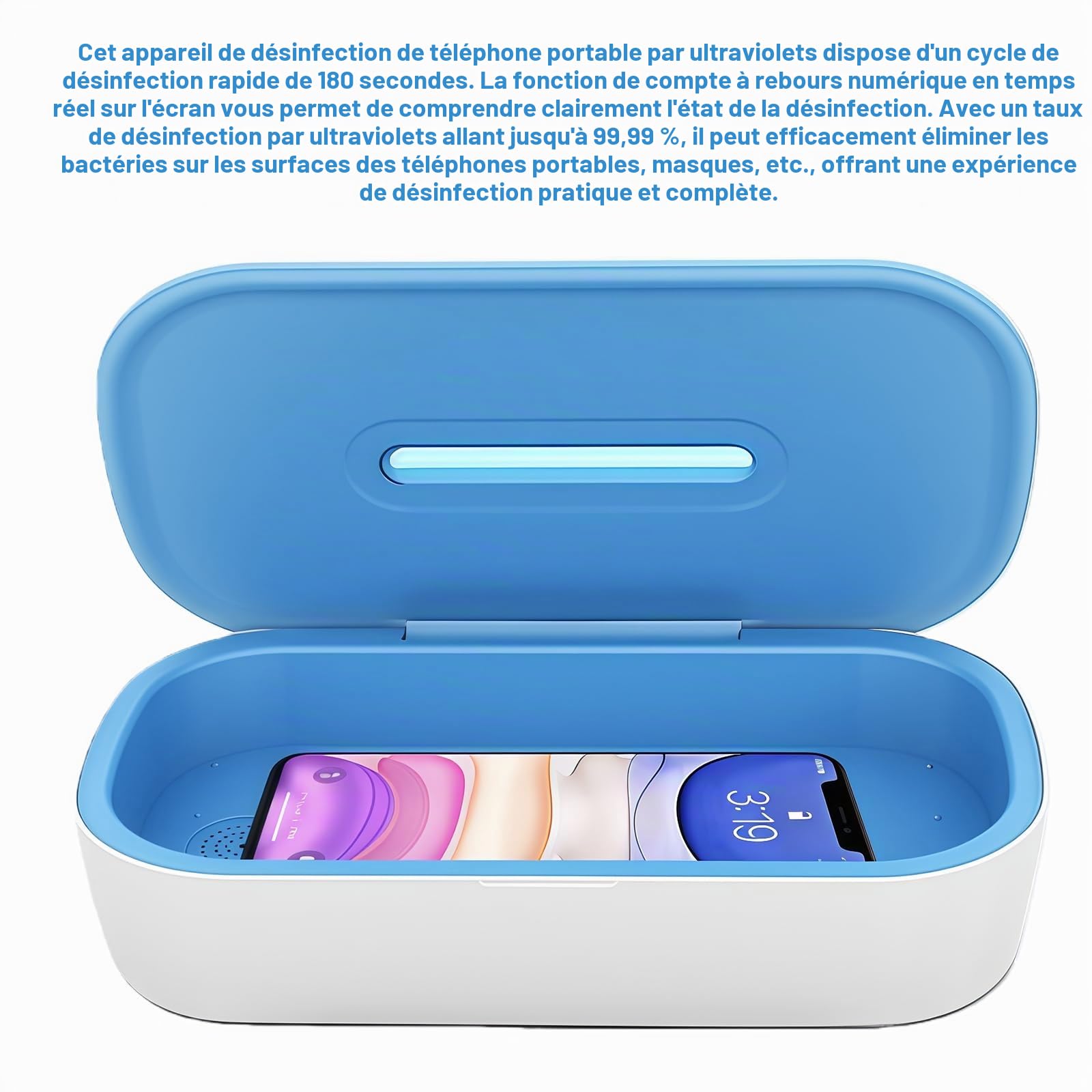Désinfectant UV pour téléphone portable en ABS : boîte de désinfection UV avec affichage numérique, alimenté par USB Nail Tools Stérilisateur avec 2 compte-gouttes pour téléphone portable
