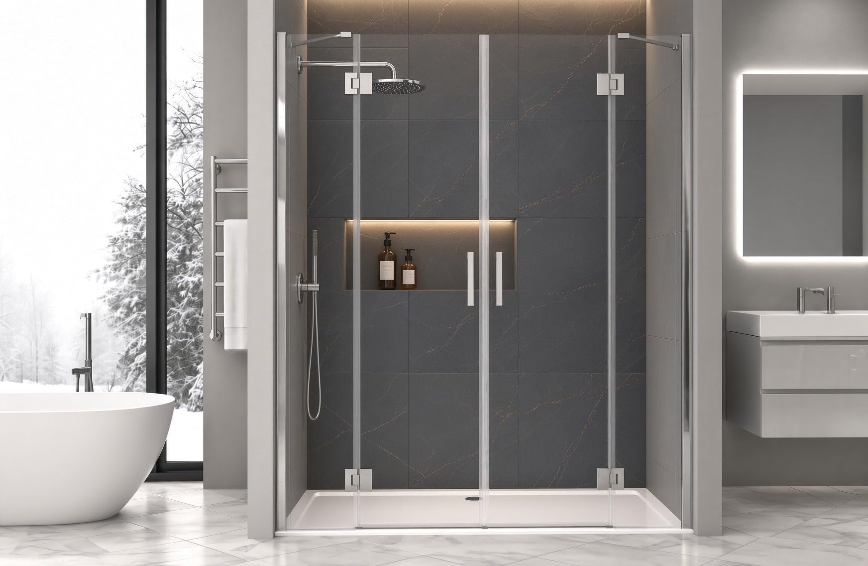 Box doccia 180 cm due ante DOPPIO BATTENTE saloon per nicchia H200 cm cristallo trasparente 6mm profilo CROMATO LENA