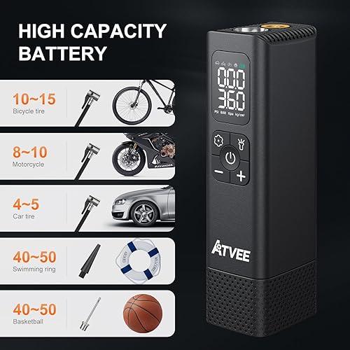Miniatura 6 de Atvee Inflador de neumáticos, compresor de aire portátil, bomba de aire portátil inalámbrica de 150 PSI, bomba de aire de apagado automático para