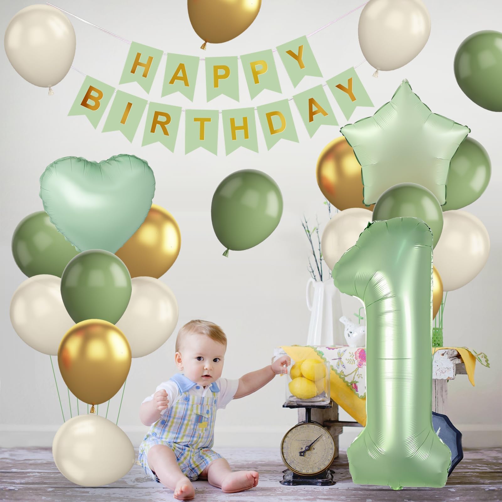 Amazon.co.jp: 1歳の誕生日デコレーション、男の子、女の子用、セージ