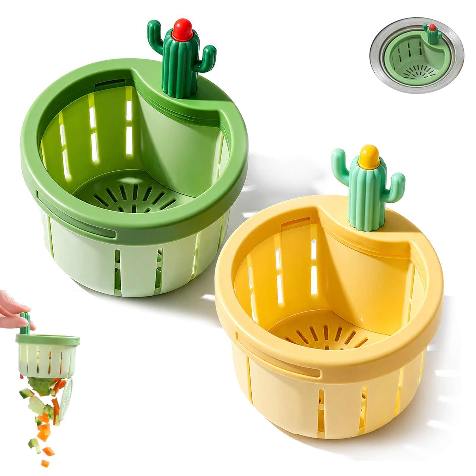 Cactus Kitchen Sink Drain Strainer, Cactus Sink Strainer Basket, Press-to-Lift Automatic Dumping Basket, Self-Cleaning Food Residue Collector(G+Y)
