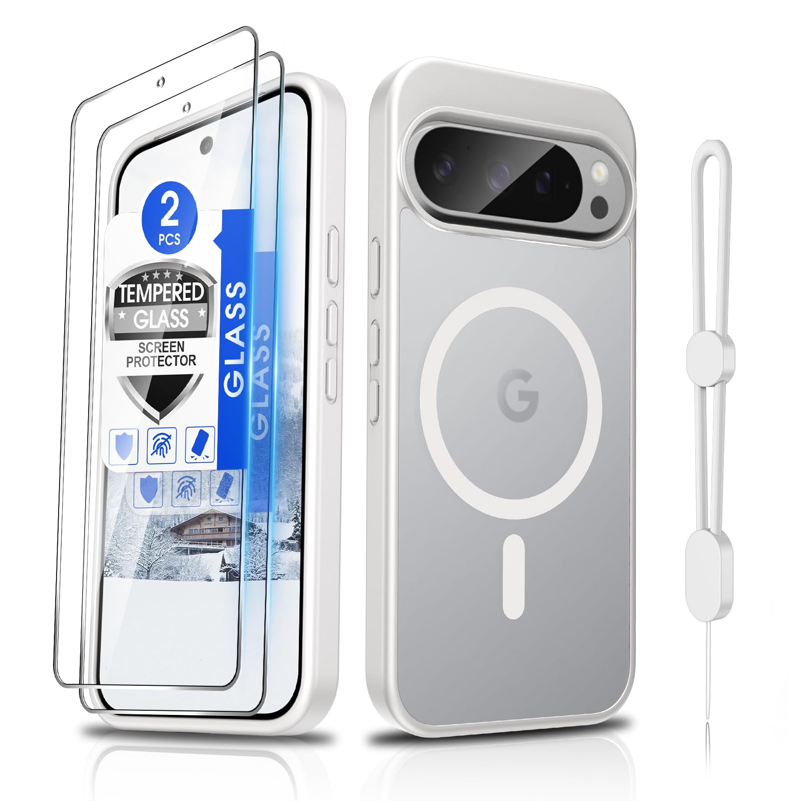 Dizn for Google Pixel 9 Pro XL Case:[Not Fit Pixel 9/9 Pro],with Glass Screen Protector,Strap,[Fit for MagSafe],Matte Translucent,Military Funda Protective Magnetic Funda Pixel 9Pro XL,White