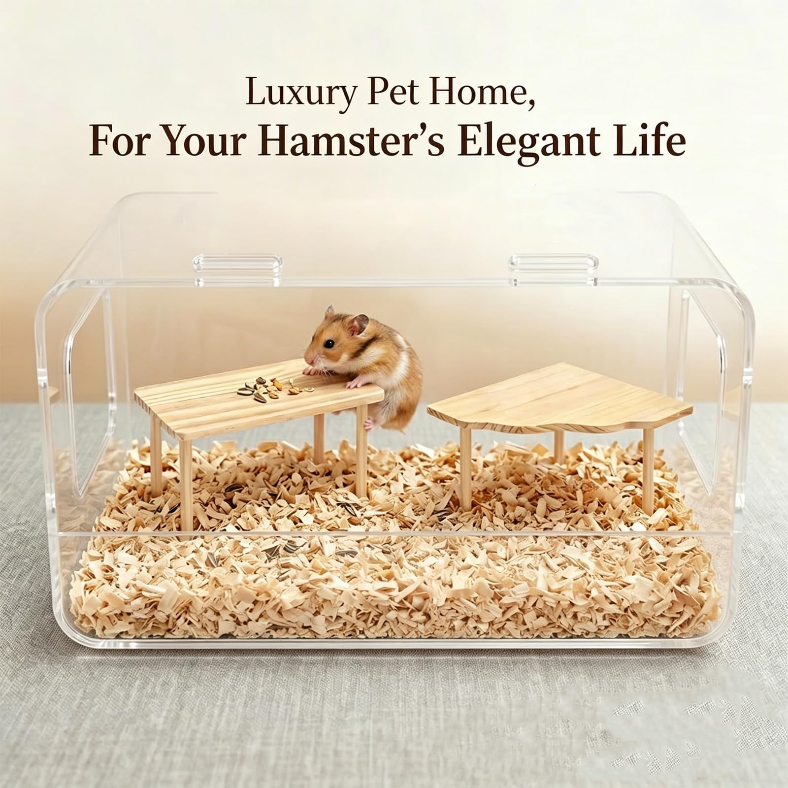 Piattaforma per criceti in legno naturale e gioco con nascondigli a tunnel per piccoli animali domestici, criceti, gabbia accessorio per piccoli animali domestici, scala in legno