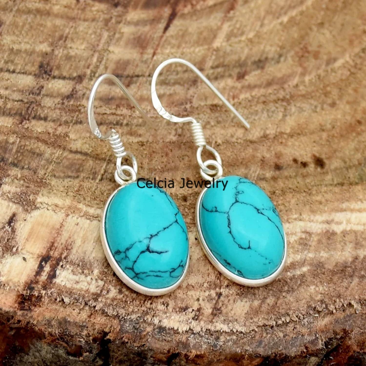Pendientes colgantes de plata de ley 925 auténtica para mujer, cabujón de turquesa azul natural, piedras preciosas ovaladas, pendientes únicos de piedra natal de diciembre