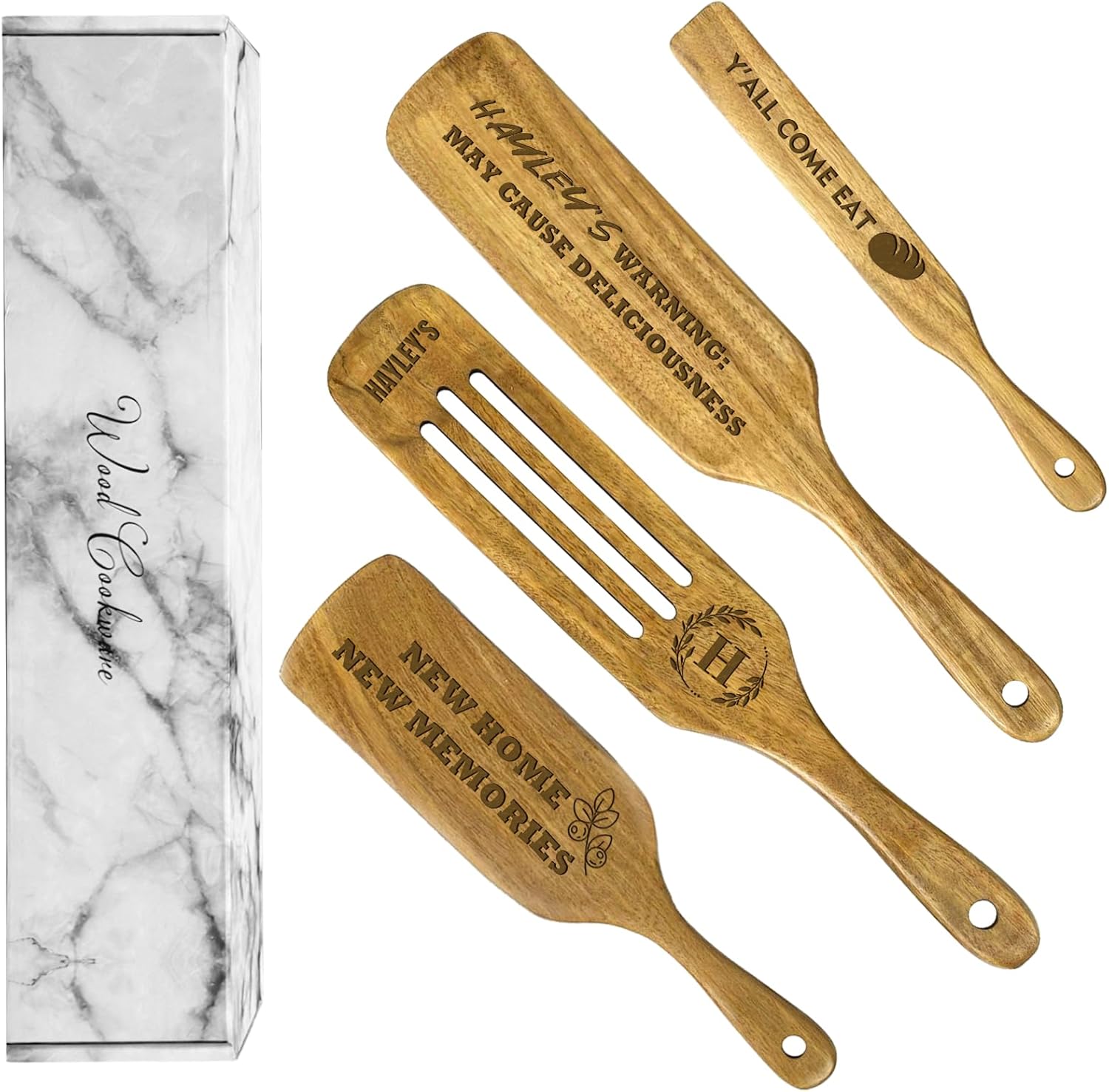Personalized Wooden Spatula for Cooking - Custom Housewarming Gifts 4-Piece Wooden Utensil Set Engraved with Name Text，Customized Spurtle Set Ideal for Anniversary Wedding (4)