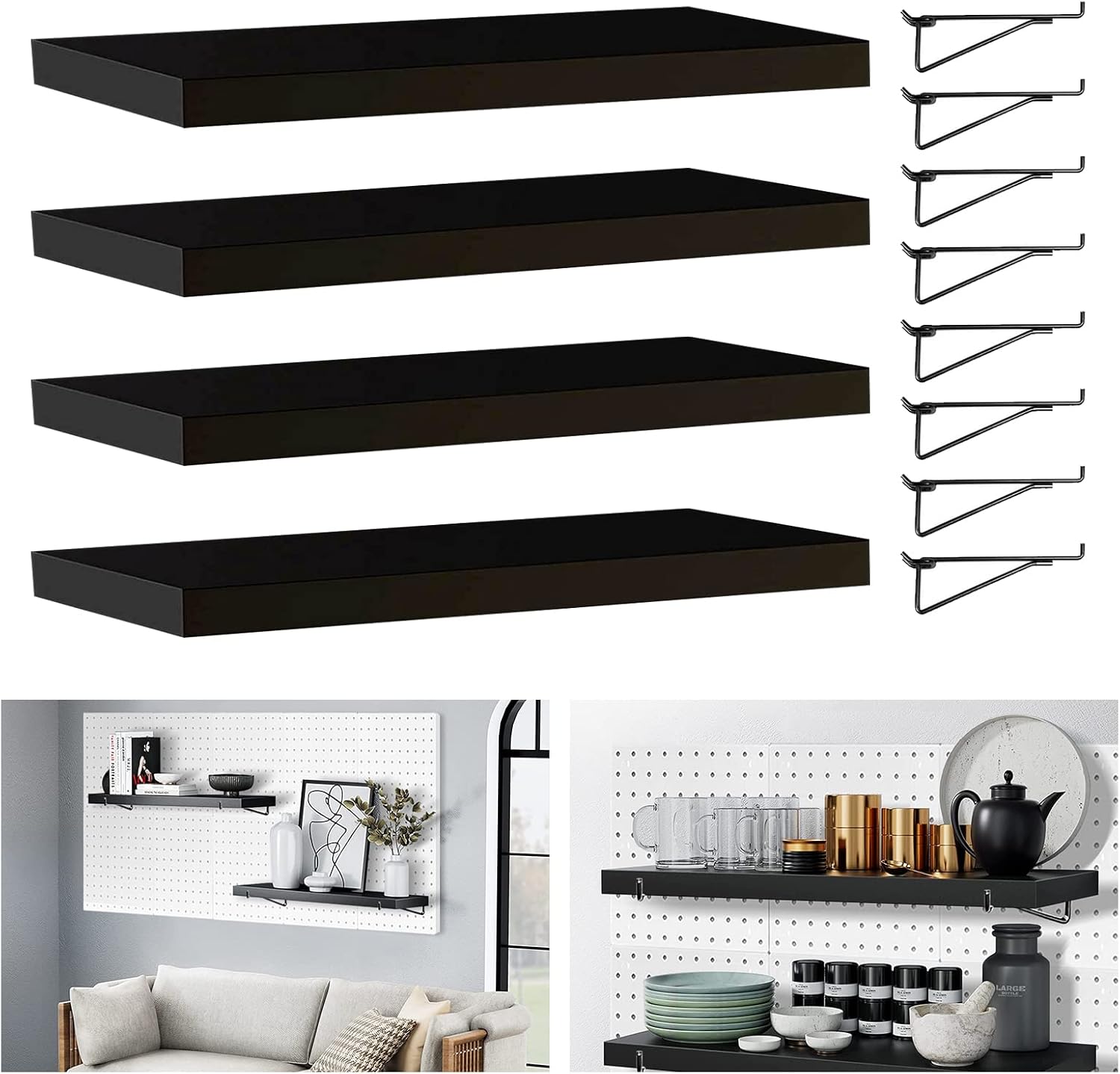 HJW Pegboard Shelf Black, 4 Pack Wooden Pegboard Shelves with Metal Pegboard Shelf Brackets Pegboard Hooks, for Craft Room, Home, Kitchen, Garage