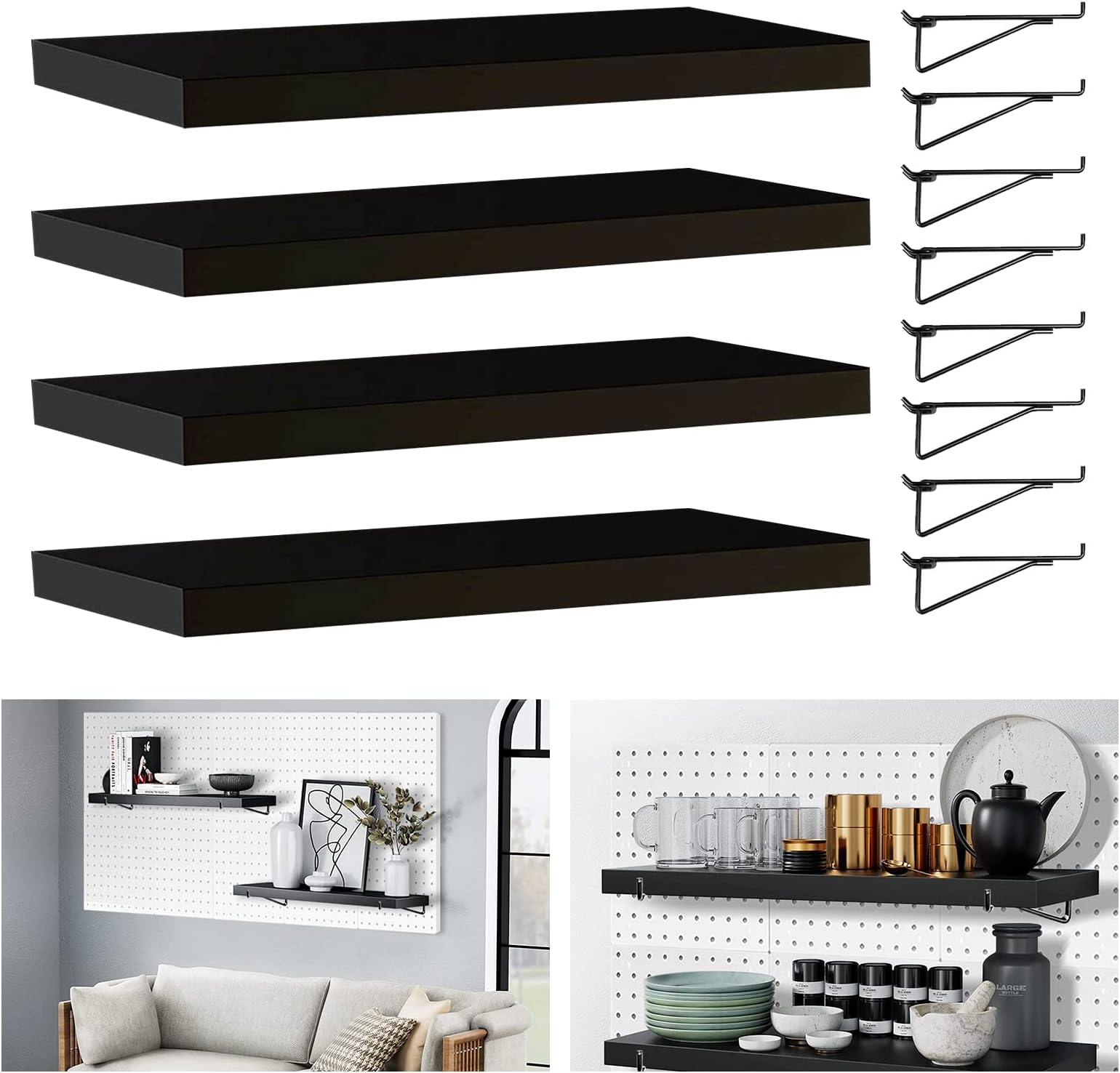 HJW Pegboard Shelf, 4 Pack Wooden Shelves with Metal Brackets, Black, for Craft Room, Home, Kitchen, Garage