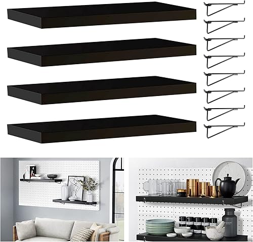 Estante de tablero de clavijas negro, paquete de 4 estantes de madera con soportes de estante de metal para tablero de clavijas, estante de libro de