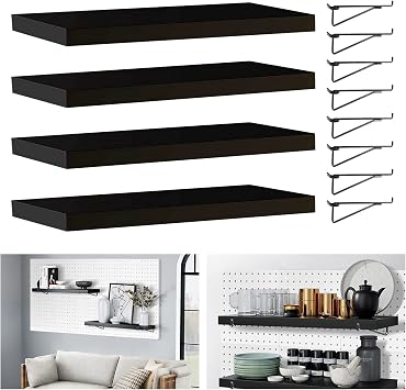 HJW Pegboard Shelf Black, 4 Pack Wooden Pegboard Shelves with Metal Pegboard Shelf Brackets Pegboard Hooks, for Craft Room, Home, Kitchen, Garage