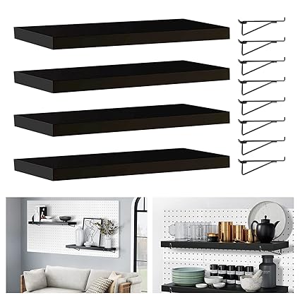 Pegboard Shelf Black, 4 Pack Wooden Pegboard Shelves with Metal Pegboard Shelf Brackets Pegboard Hooks, Pegboard Book Shelf -Pegboard Accessories for Craft Room, Home, Kitchen, Garage