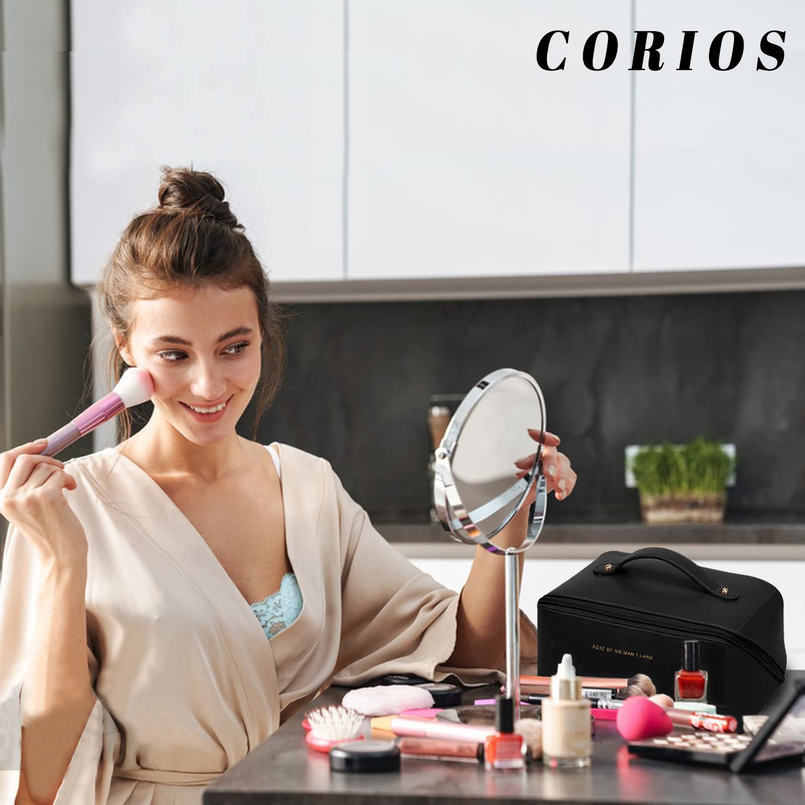 CORIOS Bolsas de Aseo para Mujeres Bolsa de Cosméticos Impermeable Neceser de Viaje Gran Capacidad Neceser de Aseo Maquillaje Organizador para Vacación Baño y Viajes Negro