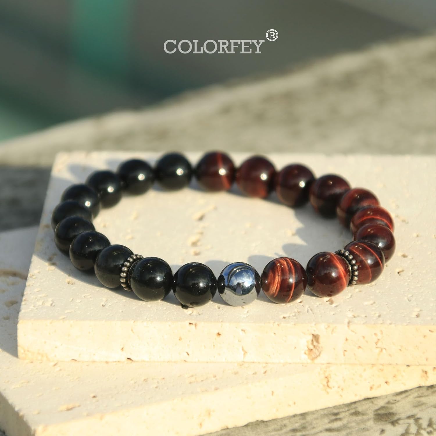 Red Tigers Eye Bead Bracelet for Men Women, Triple Protection Crystals Energy Beads Tiger Eye Obsidian Beaded Bracelet, 10mm Elastic Terahertz Healing Stone Bracelets Set for Him Relax - Image 3