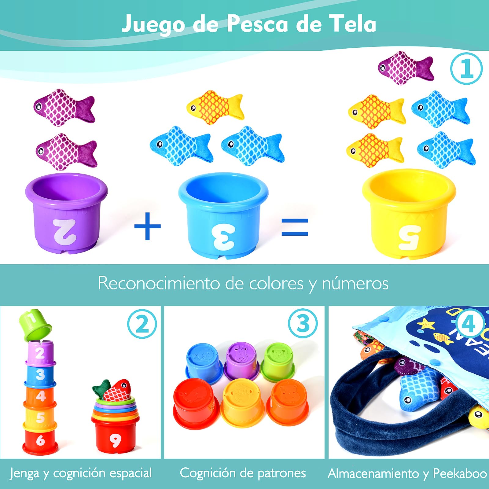 Juguetes Niños 1 Año Montessori, 20 Piezas Juego Pesca de Tela con Taza Apilables, Almacén Bolsa, Educativos Juguetes Bebes 6-12 Meses, Regalo Bebe 1 2 Año
