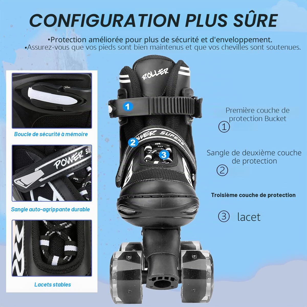 Roller Enfant Garçons Fille Quad Avec 8 Roues Lumineuses - Patin à Roulette 4 Taille Réglable (L EU 39-41/245-260mm)