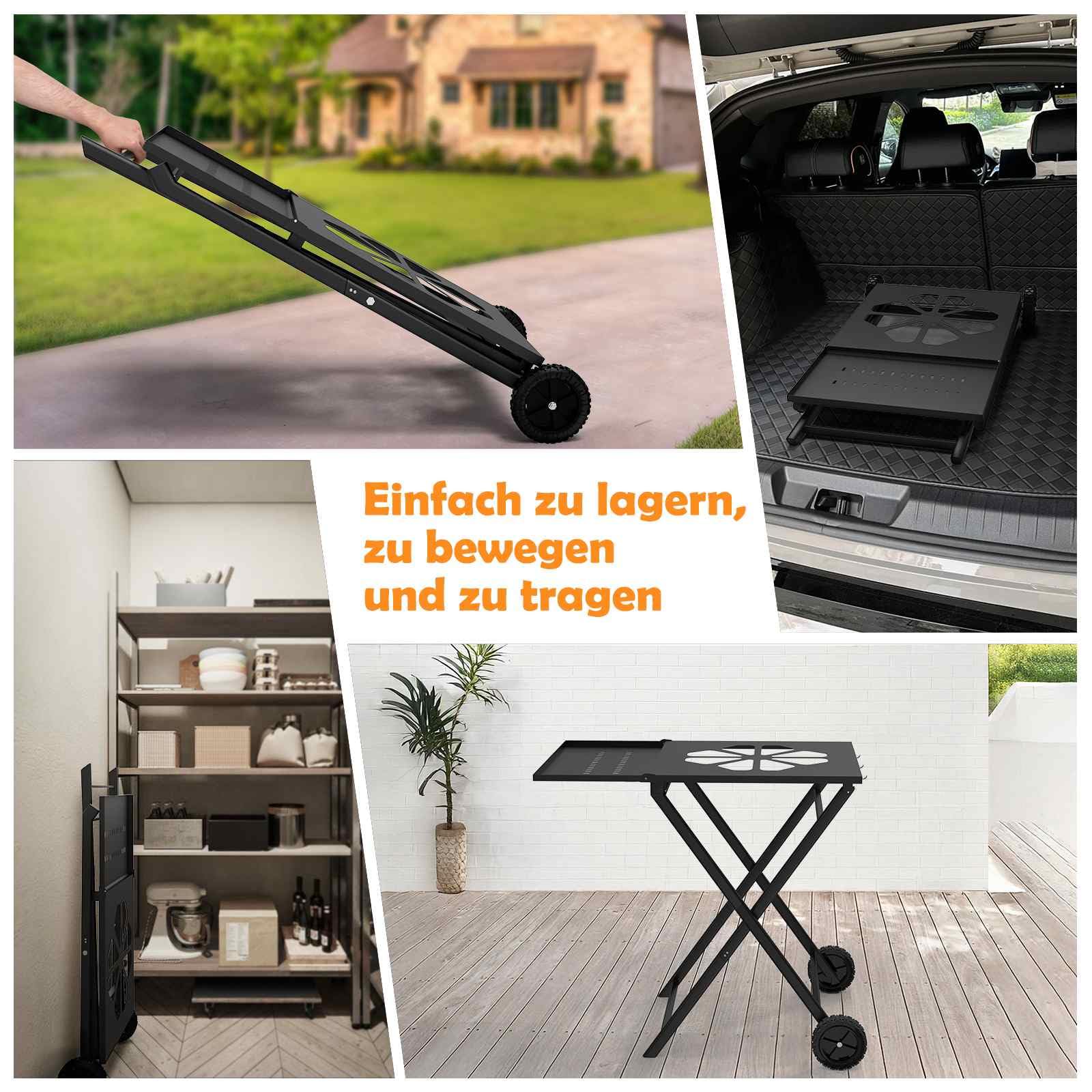 Support de Barbecue Pliable pour Ninja Woodfire OG701/OG850/OG951, Chariot Plancha Extérieur Universel avec Table Latérale et Crochets, Noir