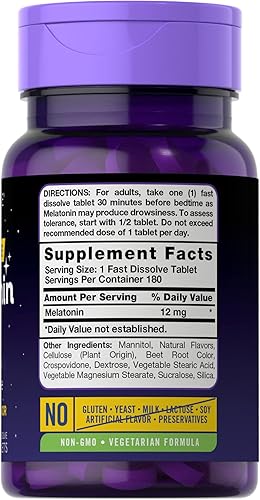 Miniatura 2 de Carlyle Melatonina 12 mg de disolución rápida 180 comprimidos  Sin medicamentos sabor natural a bayas  Vegetariano sin OMG sin gluten