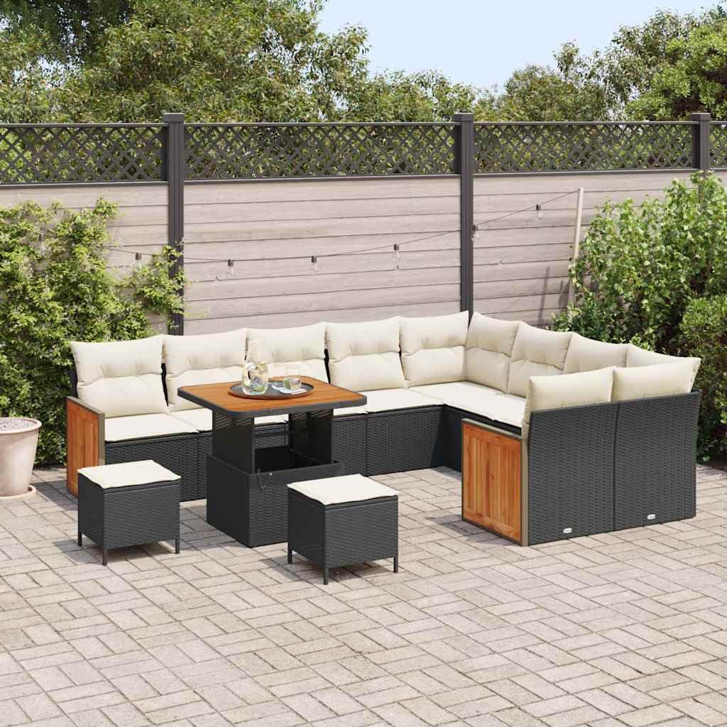 13-częściowy zestaw do kanapy ogrodowej czarny i kremowy poli rattan drewno akacjowe | Modułowa, zdejmowane poduszki, nadające się do prania, nowoczesny design, wygodne siedzisko, na zewnątrz