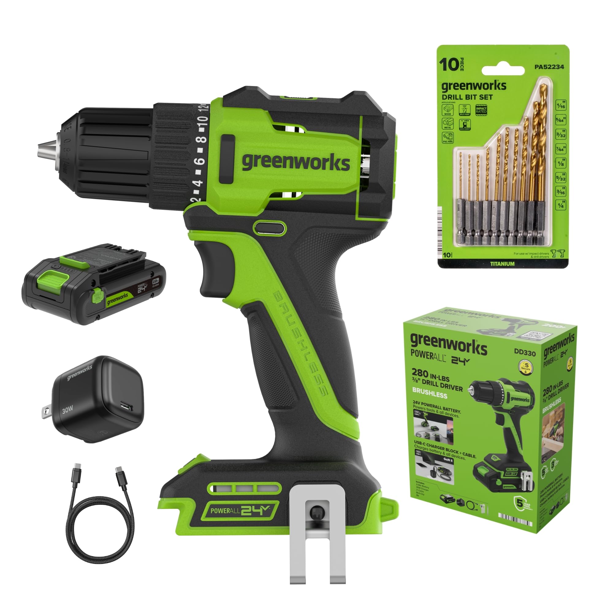 Greenworks PowerAll 24V Cordless Brushless 3/8" 280 in-lbs Drill/Driver, Lightweight,19+1 Clutch, 2.0Ah USB-C Battery (12,000mAh Power Bank),30W USB-C Charger and Cable,10PC Titanium Drill Bit Set