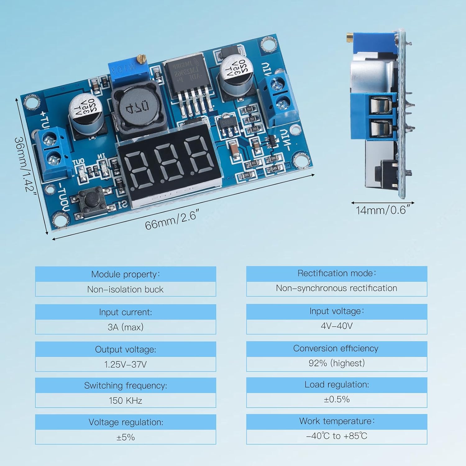 6PCS Blue LM2596 Adjustable DC-DC Buck Converter Step Down Module with LED Voltage Display, 4-40V to 1.25-37V Power Supply