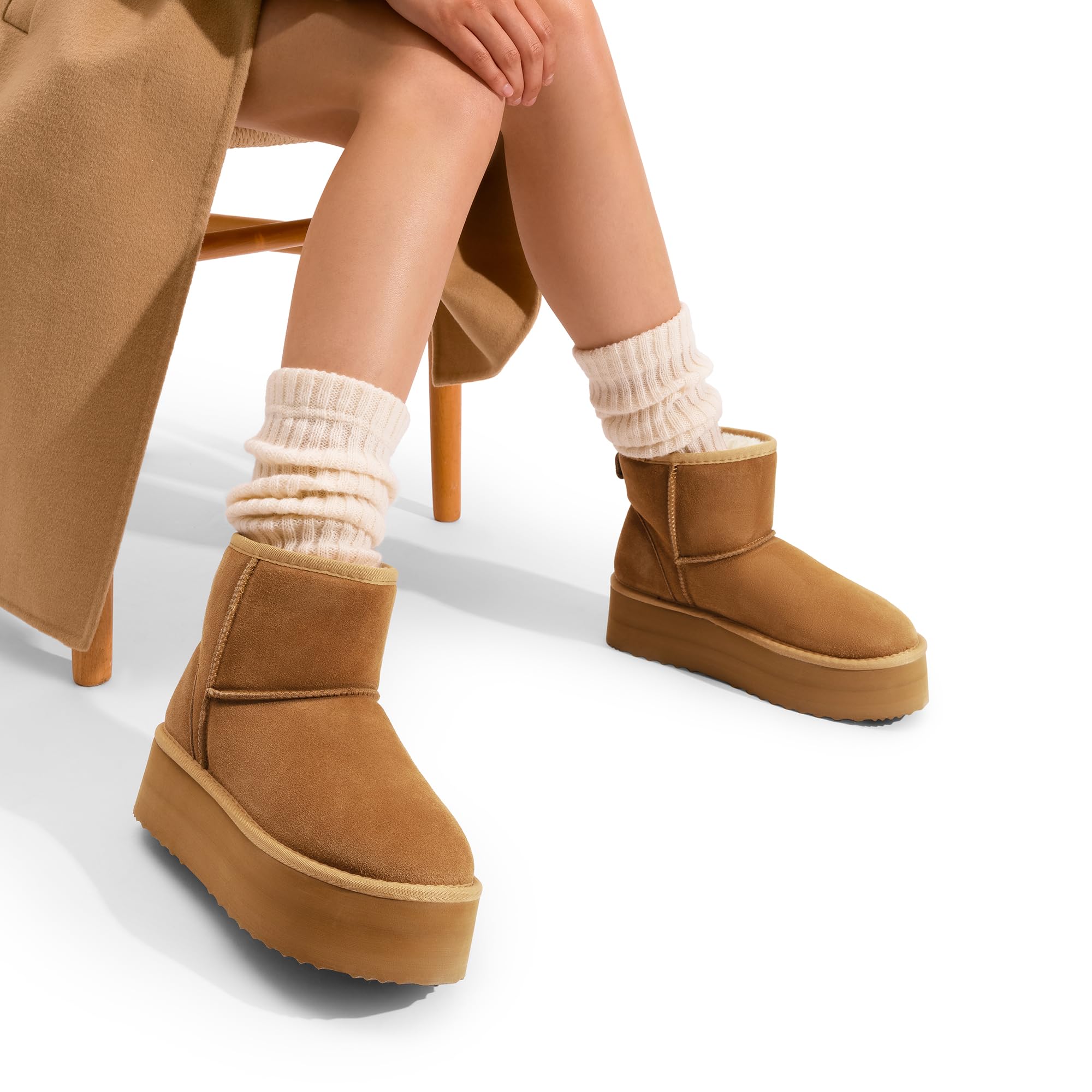 DREAM PAIRS Botas Clásicas de Plataforma de Ante Genuino para Mujeres Impermeables Fuzzy Botas de Invierno de Tobillo para Nieve con Lazos Forro de Piel Sintética