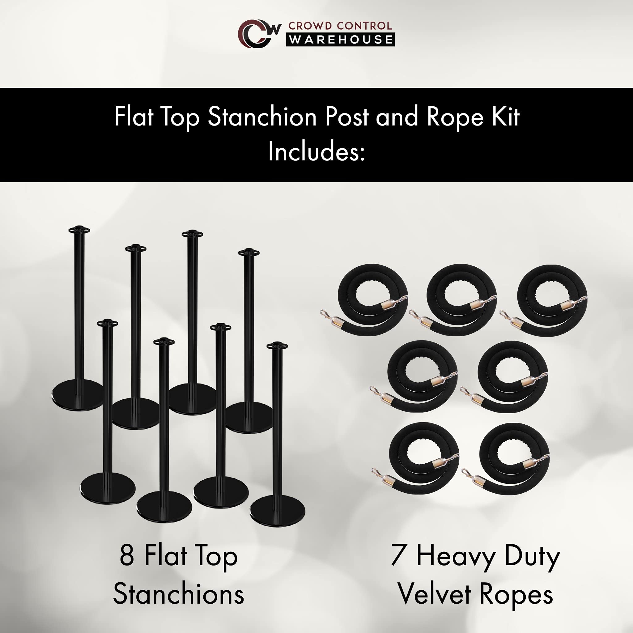 CCW Post and Rope Stanchion Kit with 8 Polished Stainless Steel Flat Top Posts and 7 Tan Heavy Duty Velvet Cotton Core Ropes (6ft.Each) in Polished Stainless Snap Ends