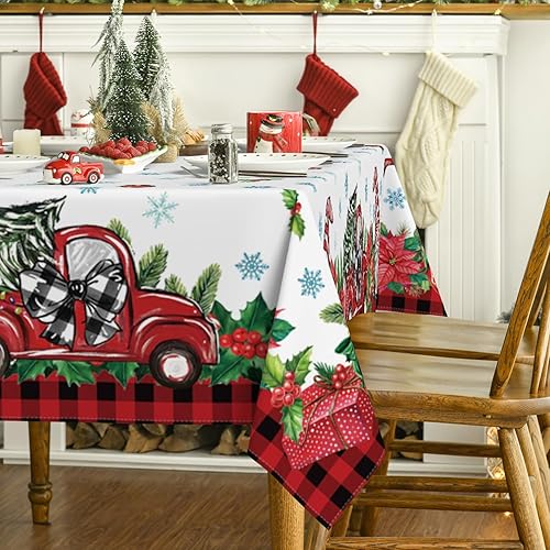 Miniatura 3 de Horaldaily Mantel de Navidad rectangular de 60 x 120 pulgadas, regalo de camión de muñeco de nieve, cubierta de mesa lavable para decoración de