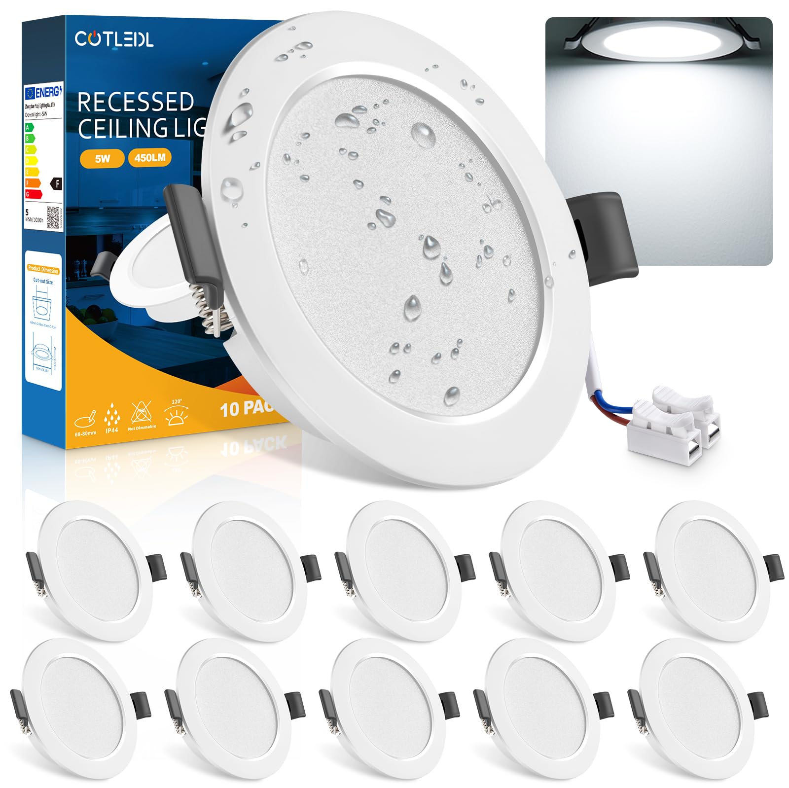 COTLEDL LED Einbaustrahler 230V Flach, 10er set LED Spots 5W 450LM IP44 Bad Einbauleuchten, 68-80mm EinbauØ Deckenspots,Kaltweiß 6000K Einbaustrahler Spots Deckenleuchte für Badezimmer Wohnzimmer