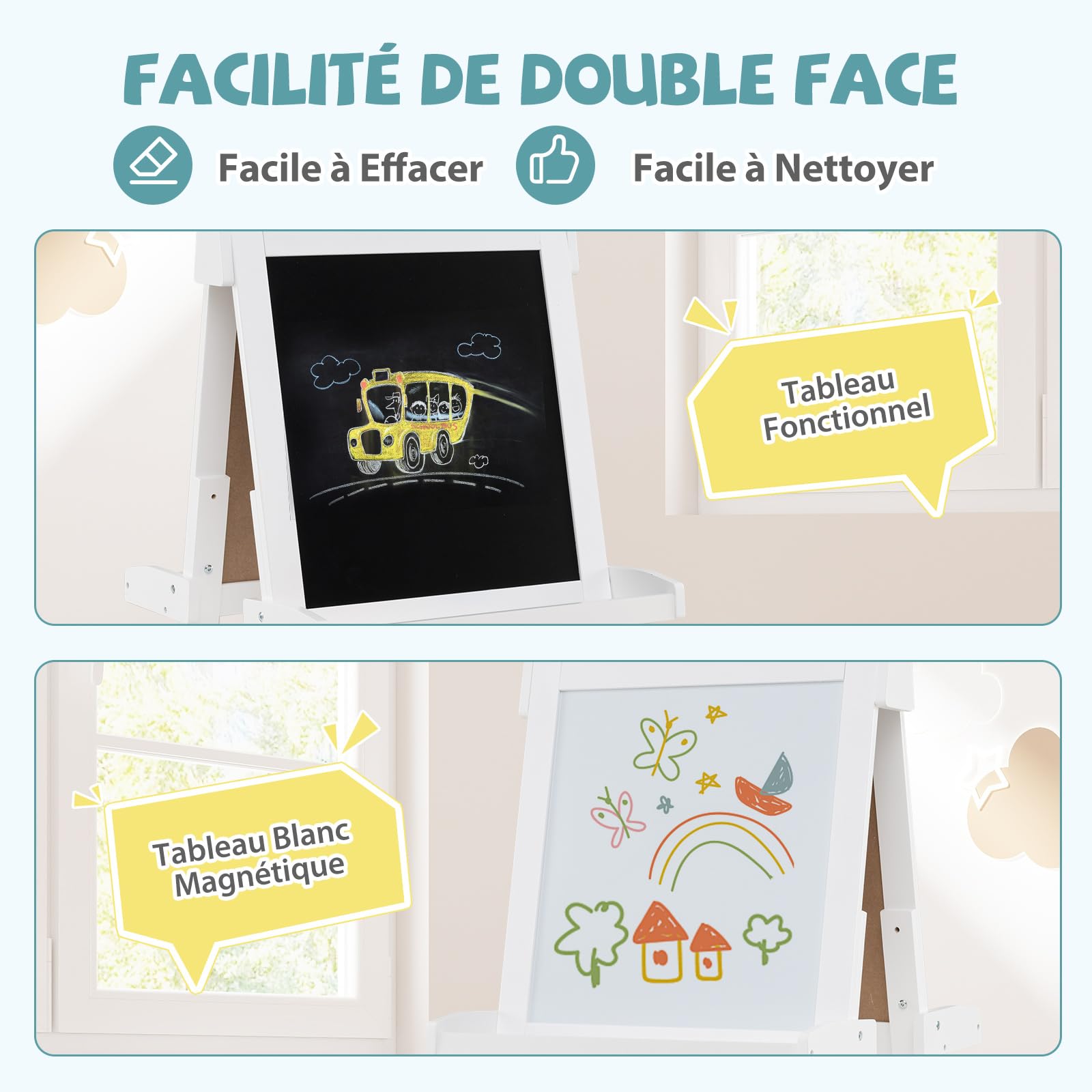 COSTWAY Tableau Enfant Double Face avec Hauteur Réglable & Rouleau de Papier Remplaçable, Chevalet Magnétique Pliable avec Tableau Noir & Blanc, 3 Pots & 3 Plateaux pour Enfant de 3 Ans+ (Blanc)